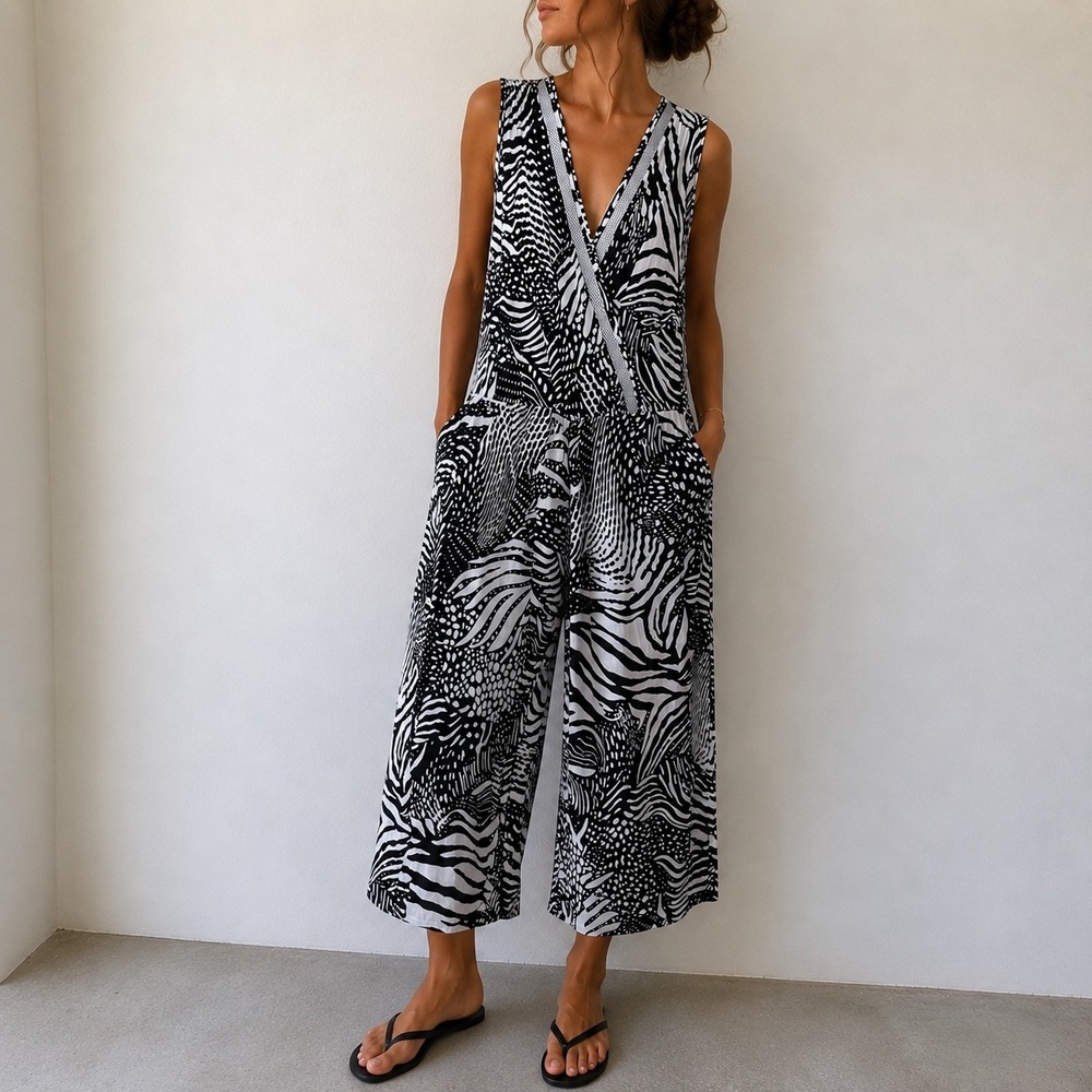 Spense Black White Jumpsuit Abstract Zebra Print Sleeveless Small Minimalist